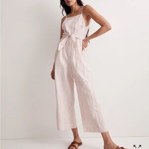 Madewell Tie-Waist Crop Wide-Leg Linen-Blend Jumpsuit in Red Stripe - size 14